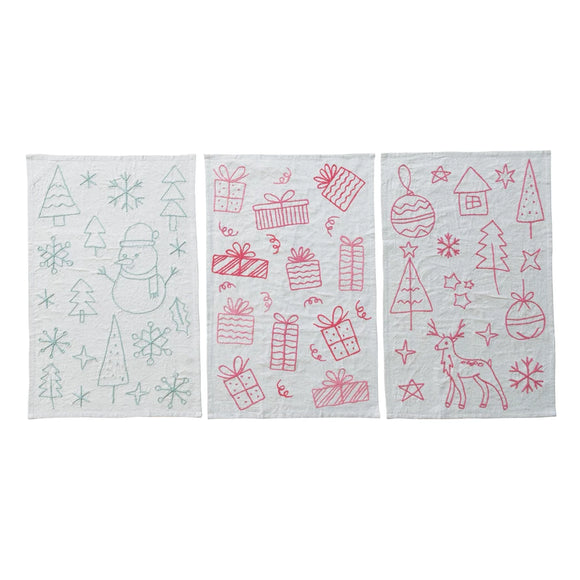 Embroidered Woven Cotton & Linen Tea Towel, 3 Styles