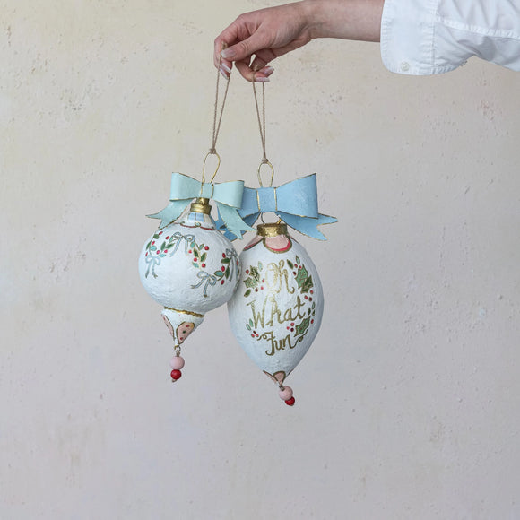 Hand-Painted Paper Mache Ornament with Bow & Design, 2 Styles ©