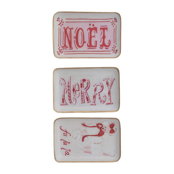 Enameled Metal Tray with Holiday Saying, Image & Gold Edge, 3 Styles - each