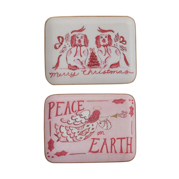 Enameled Metal Tray with Holiday Saying, Image & Gold Edge, 2 Styles  - each