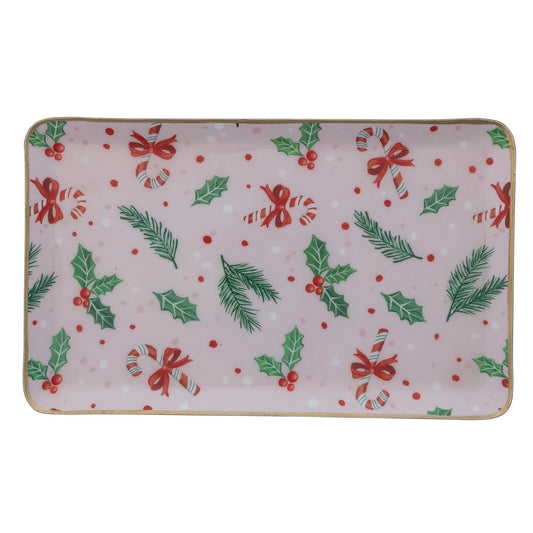 Enameled Metal Tray with Holiday Pattern & Gold Edges ©