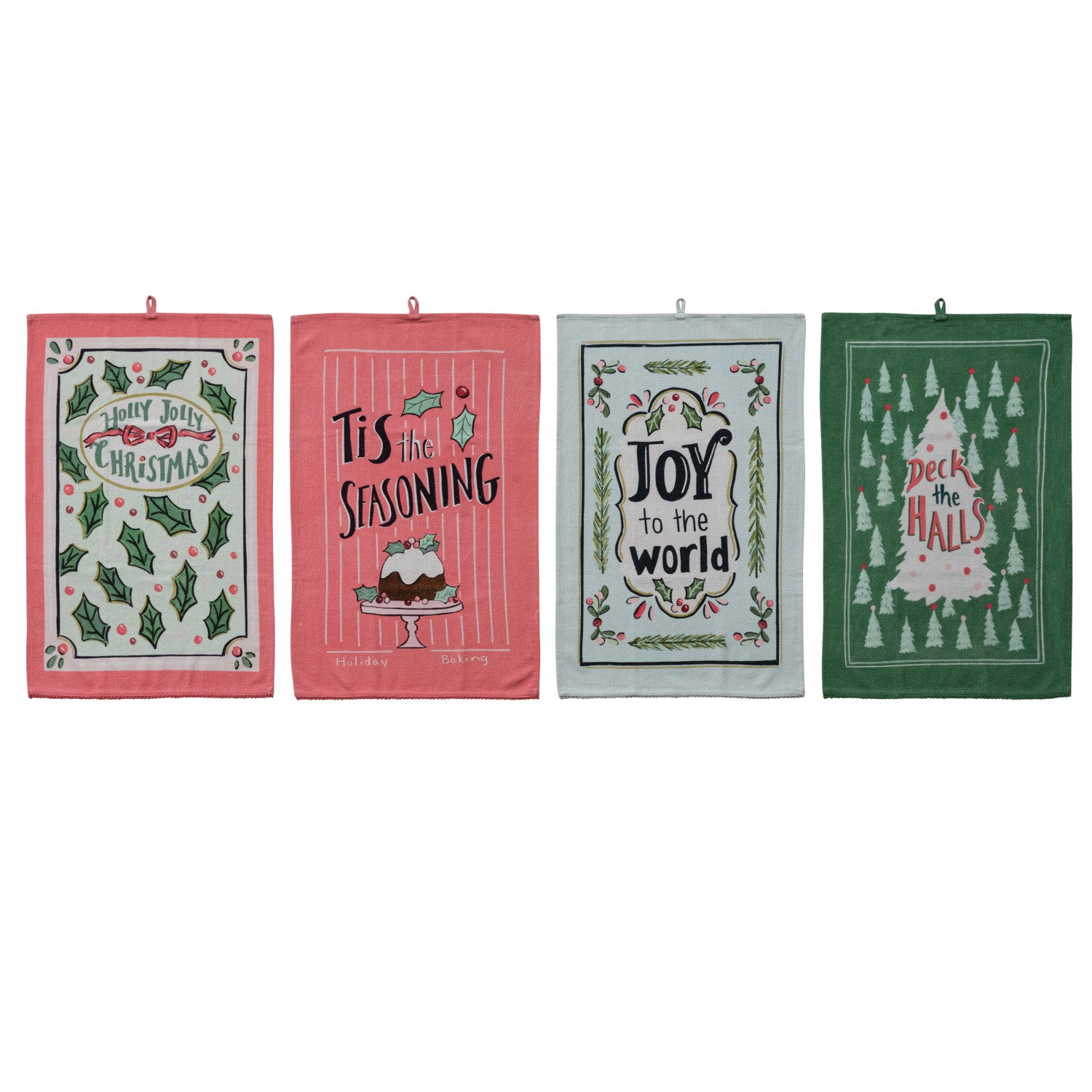 Cotton Printed Tea Towel with Holiday Image, Saying & Pom Pom Trim, 4 Styles ©