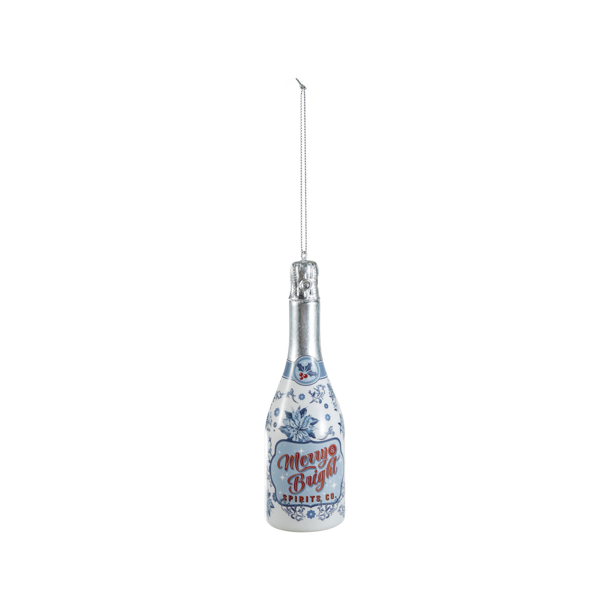 Glass Champagne Bottle Ornament "Merry & Bright", Silver Finish, Blue, White & Red