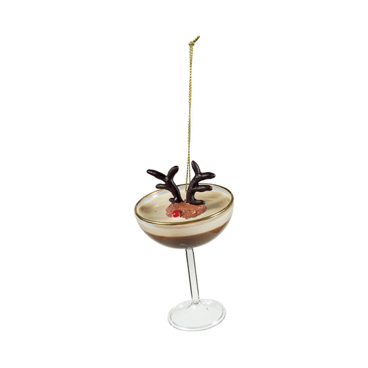 Glass Espresso Martini Ornament with Deer Head, Brown & Cream Color